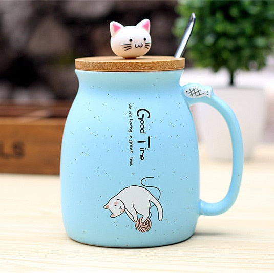450ml Cartoon Ceramics Cat Mug With Lid and Spoon Coffee Milk Tea Mugs Breakfast Cup Drinkware Gifts