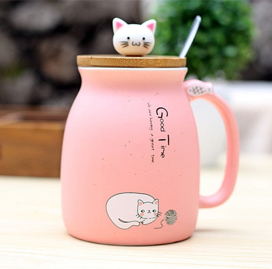 450ml Cartoon Ceramics Cat Mug With Lid and Spoon Coffee Milk Tea Mugs Breakfast Cup Drinkware Gifts