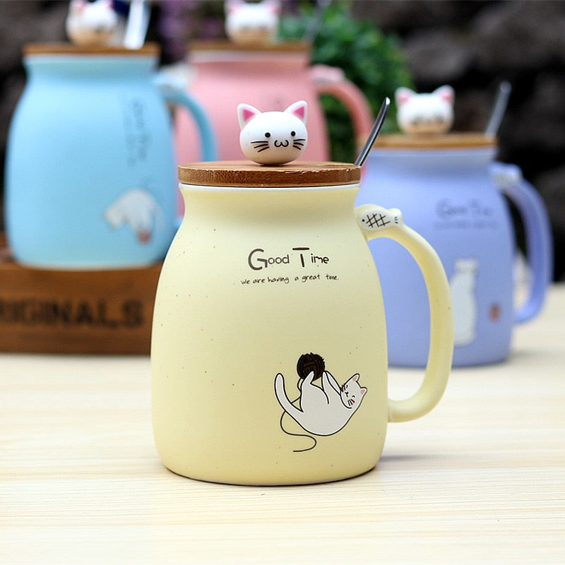 450ml Cartoon Ceramics Cat Mug With Lid and Spoon Coffee Milk Tea Mugs Breakfast Cup Drinkware Gifts