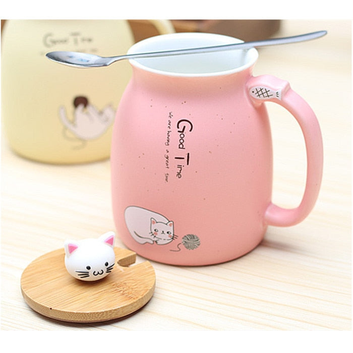 450ml Cartoon Ceramics Cat Mug With Lid and Spoon Coffee Milk Tea Mugs Breakfast Cup Drinkware Gifts