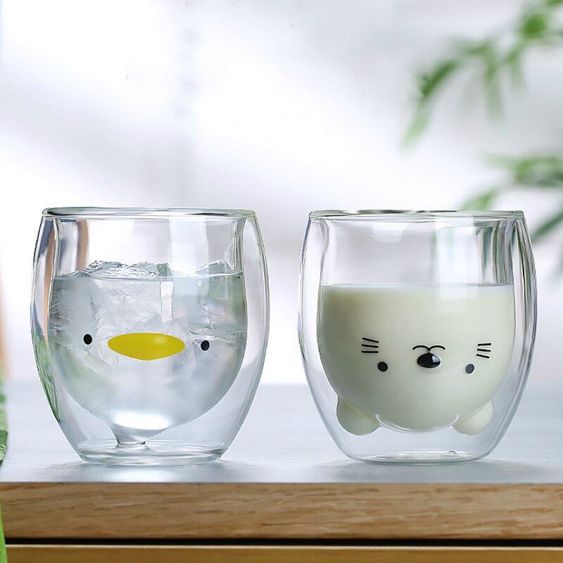 280ml Creative Cute Bear Double-layer Coffee Mug Cartoon Baby Duckling Animal Milk Glass