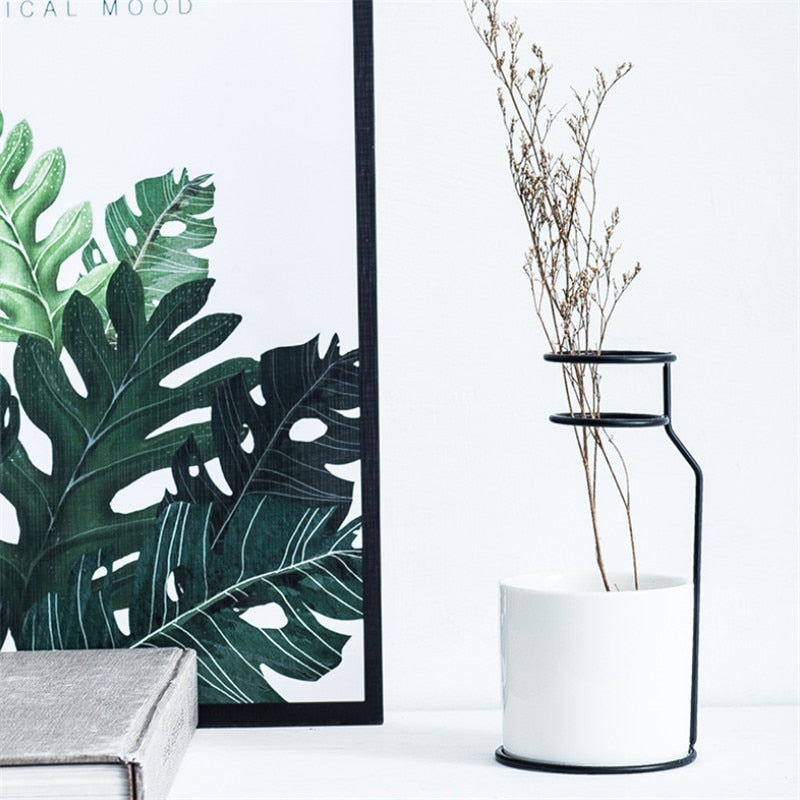 Nordic Minimalist Ceramic Flower Vase with Iron Holder Hydroponic Pot Modern Dried Flowers Container Planter Home Decoration