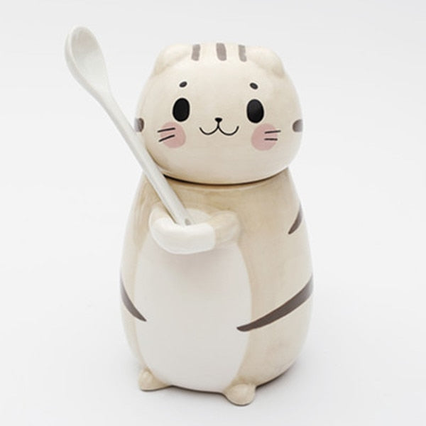 Cute Cat Ceramics Coffee Mug With Spoon Creative Hand Painted Drinkware Milk Tea Cups Gifts