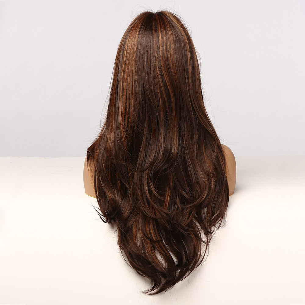 Synthetic Long Wavy Dark Brown Golden Highlight Wig Cosplay Wig with Bangs Heat Resistant