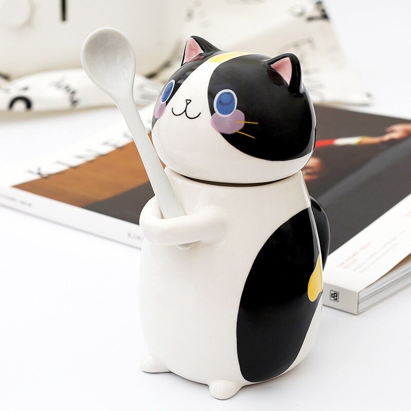 Cute Cat Ceramics Coffee Mug With Spoon Creative Hand Painted Drinkware Milk Tea Cups Gifts