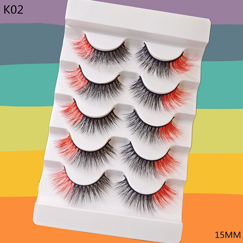 5 Pairs Red Green Yellow Pink Colored Eyelashes for Wholesale Colorful Faux Lashes in Bulk with butterfly and flowers ombre