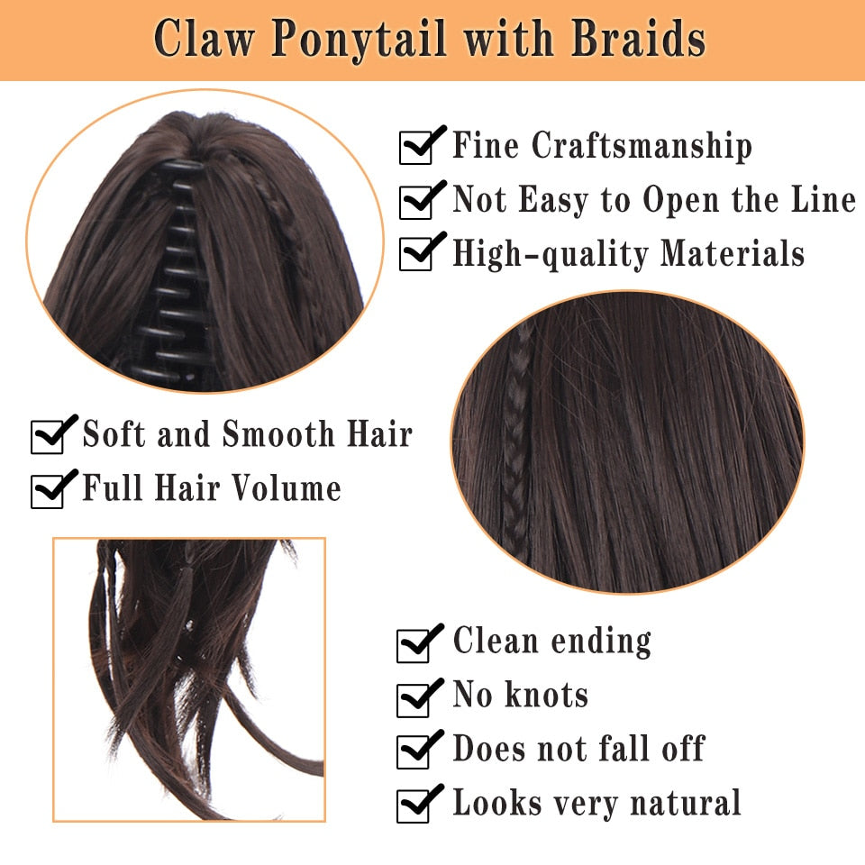 Synthetic Braids Ponytail 12 Claw Clip On Hair Extension Long Straight Pony Tail Fake Hair For Women Hairpieces Black Brown