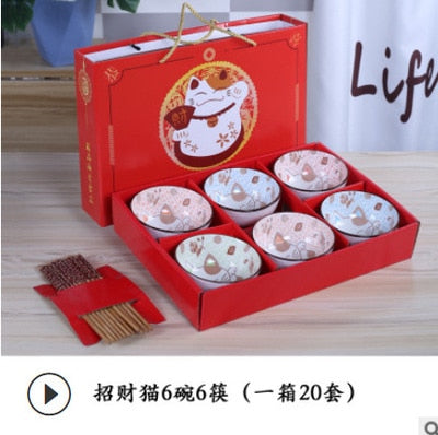 Ceramic Tableware Lucky Cat Set Blue and White Porcelain Bowl Gift Box