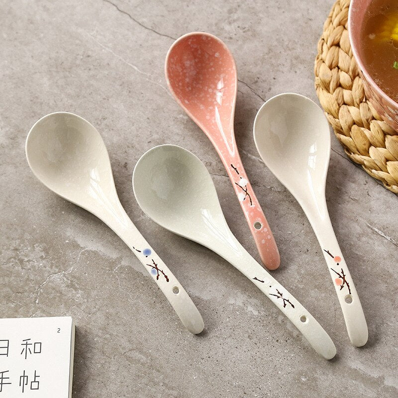 Japanese Ceramic Spoon Handpainting Porcelain Soup Spoon Kitchen Cooking Utensil Tool Tableware