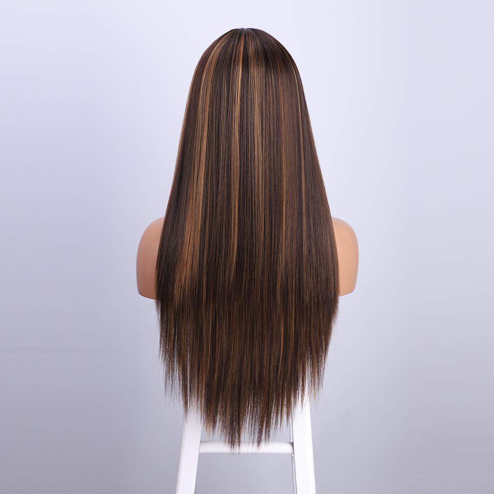 26 Inch Long Straight High Gloss Hair Gradient Color Synthetic Wig Golden Brown Ladies Wine Red Cosplay Wig