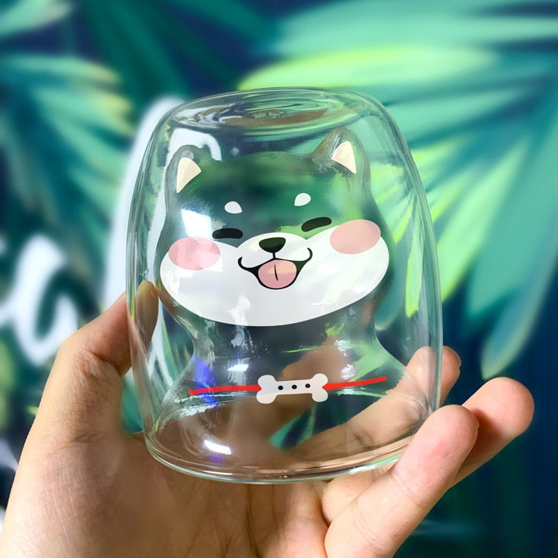 Shiba Inu Cup Heat-resistant Double Glass of Borosilicate Green Breakfast Milk Cup 220ml