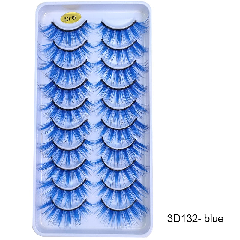 10Pairs/Lot Rainbow Colorful Mink False Eyelashes White Bulk Red Purple Blue Colors Fake Lashes for Dolls Cosplay