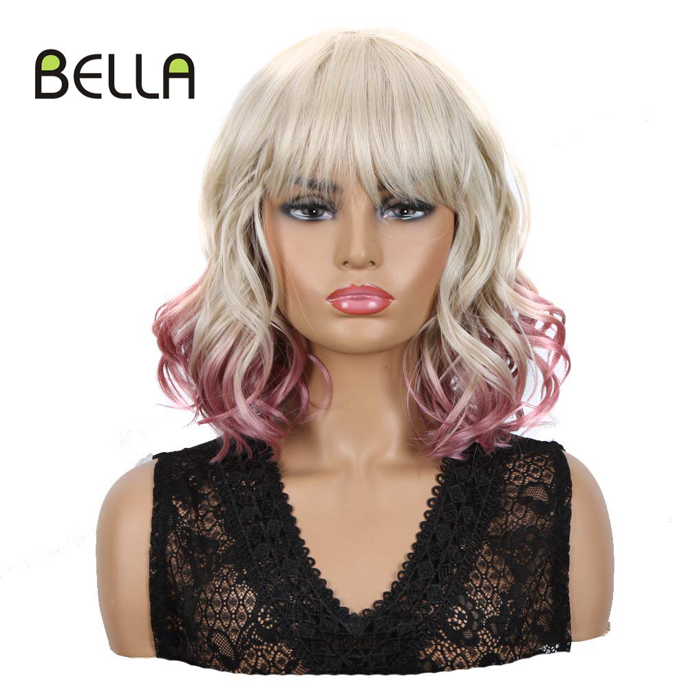 Bella Bob Wig Short Synthetic Wig 12 Inch Omber Blue Hair Curly Bob Wig Heat Resistant Wig With Bangs Cosplay Wig