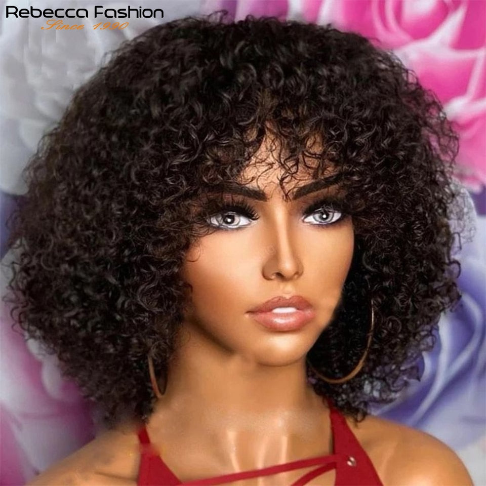 Jerry Curly Short Pixie Bob Cut Human Hair With Bangs Non lace front Highlight Honey Blonde Colored Wigs For Women