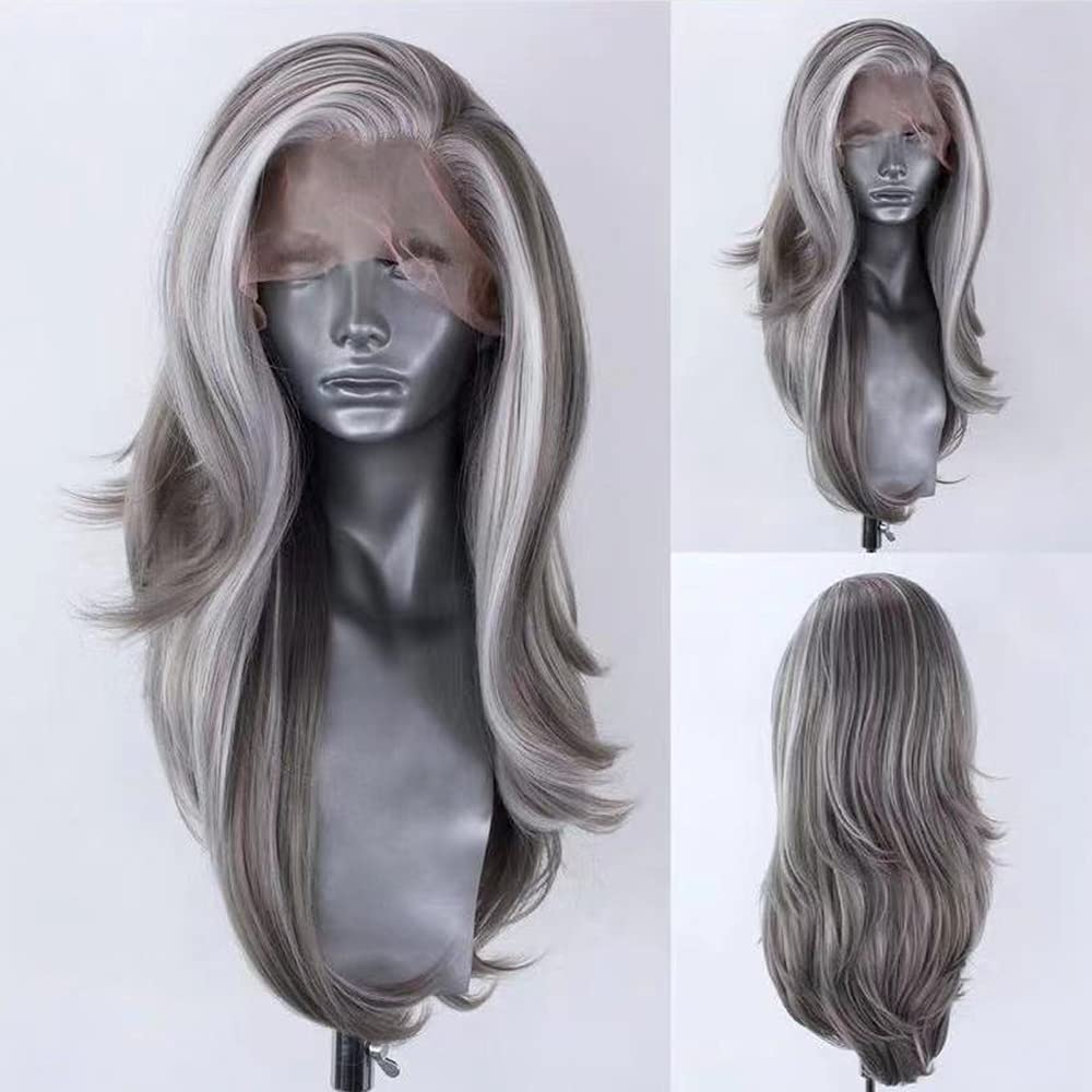 Synthetic Lace Front Wig Highlight Silver Grey Mix Color Wigs Women Daily Use Cosplay Wig
