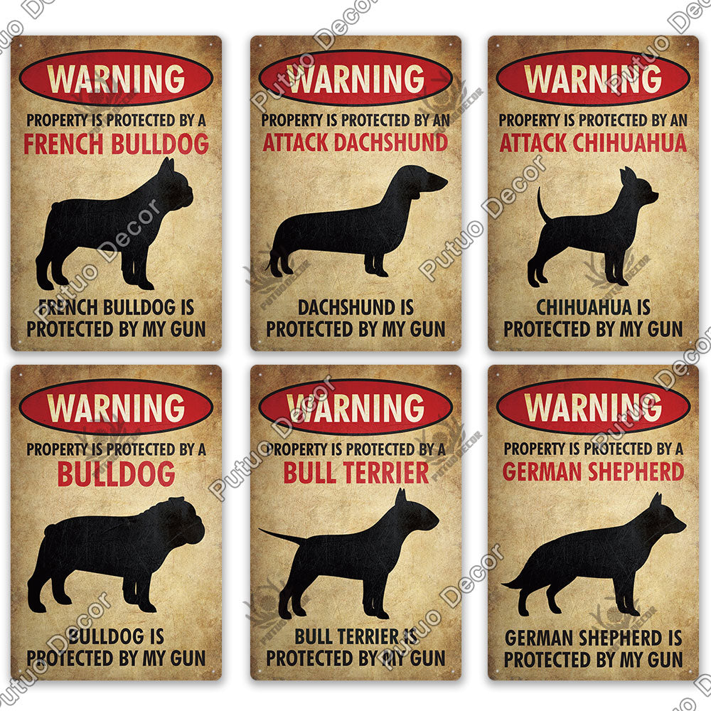 Putuo Decor Dog Warning Vintage Tin Sign Metal Sign Lover Protected Pet Sign Wall Decor Farm Home Kennel Doghouse Decoration