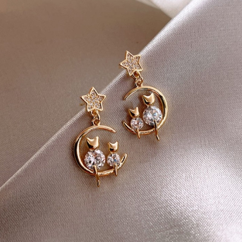 Moon Dangle Earrings Temperament Pearl Cherry Cat Rhinestone Pendant Earring Girl Party Jewelry Gift