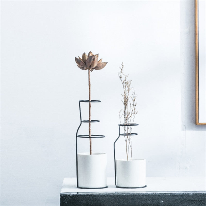 Nordic Minimalist Ceramic Flower Vase with Iron Holder Hydroponic Pot Modern Dried Flowers Container Planter Home Decoration