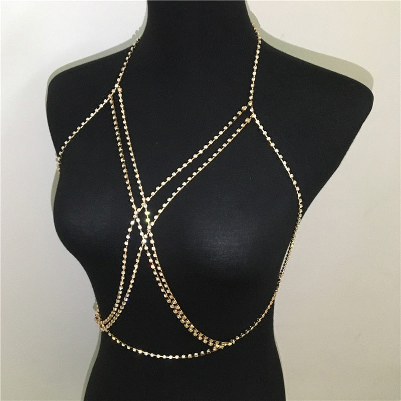 Shining Rhinestones Chest Cross Body Chain Boho Multi Layers Chest Chain Harness Body Jewellery Jewelry Crystal Chest