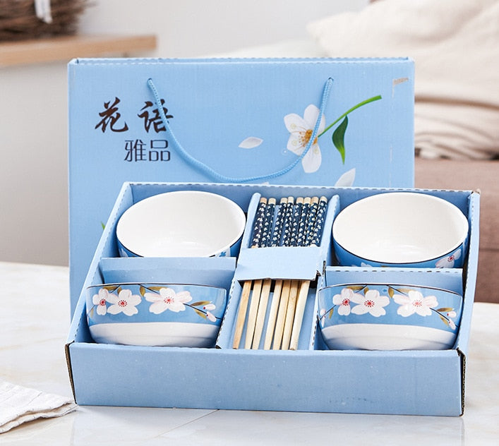 Ceramic Tableware Lucky Cat Set Blue and White Porcelain Bowl Gift Box