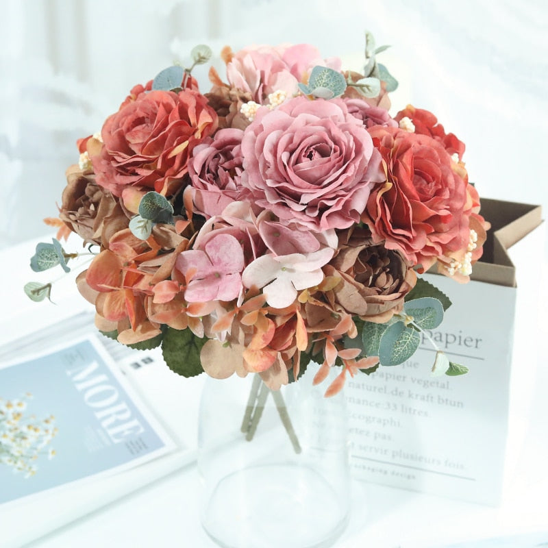 Beautiful Hydrangea Roses Artificial Flowers for Home Wedding Decorations High Quality Autumn Bouquet Mousse Peony Fake Flower