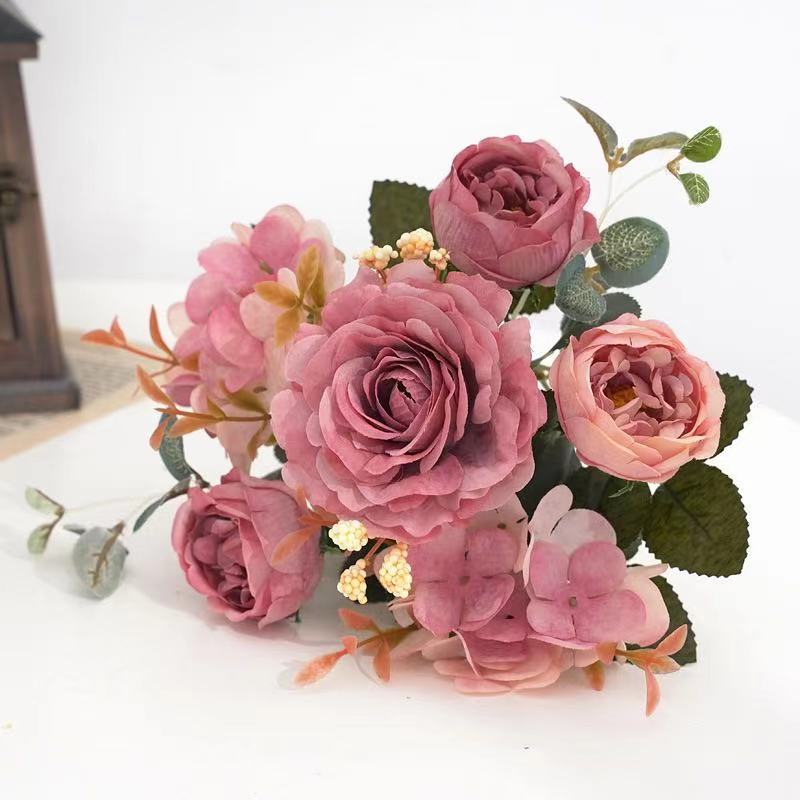 Artificial Flowers Retro Silk Rose Bouquet Hydrangea Peony Vintage Bride Holding Fake Flower Home Wedding Decoration