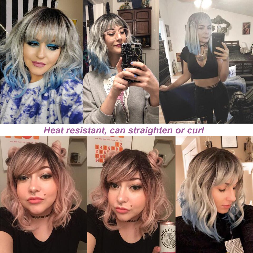 Bella Bob Wig Short Synthetic Wig 12 Inch Omber Blue Hair Curly Bob Wig Heat Resistant Wig With Bangs Cosplay Wig