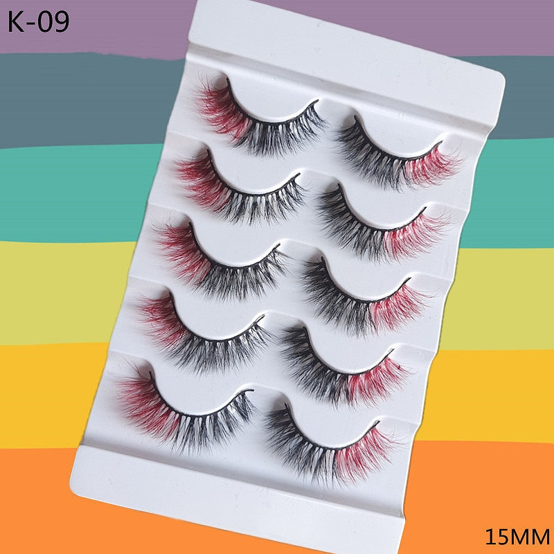 5 Pairs Red Green Yellow Pink Colored Eyelashes for Wholesale Colorful Faux Lashes in Bulk with butterfly and flowers ombre