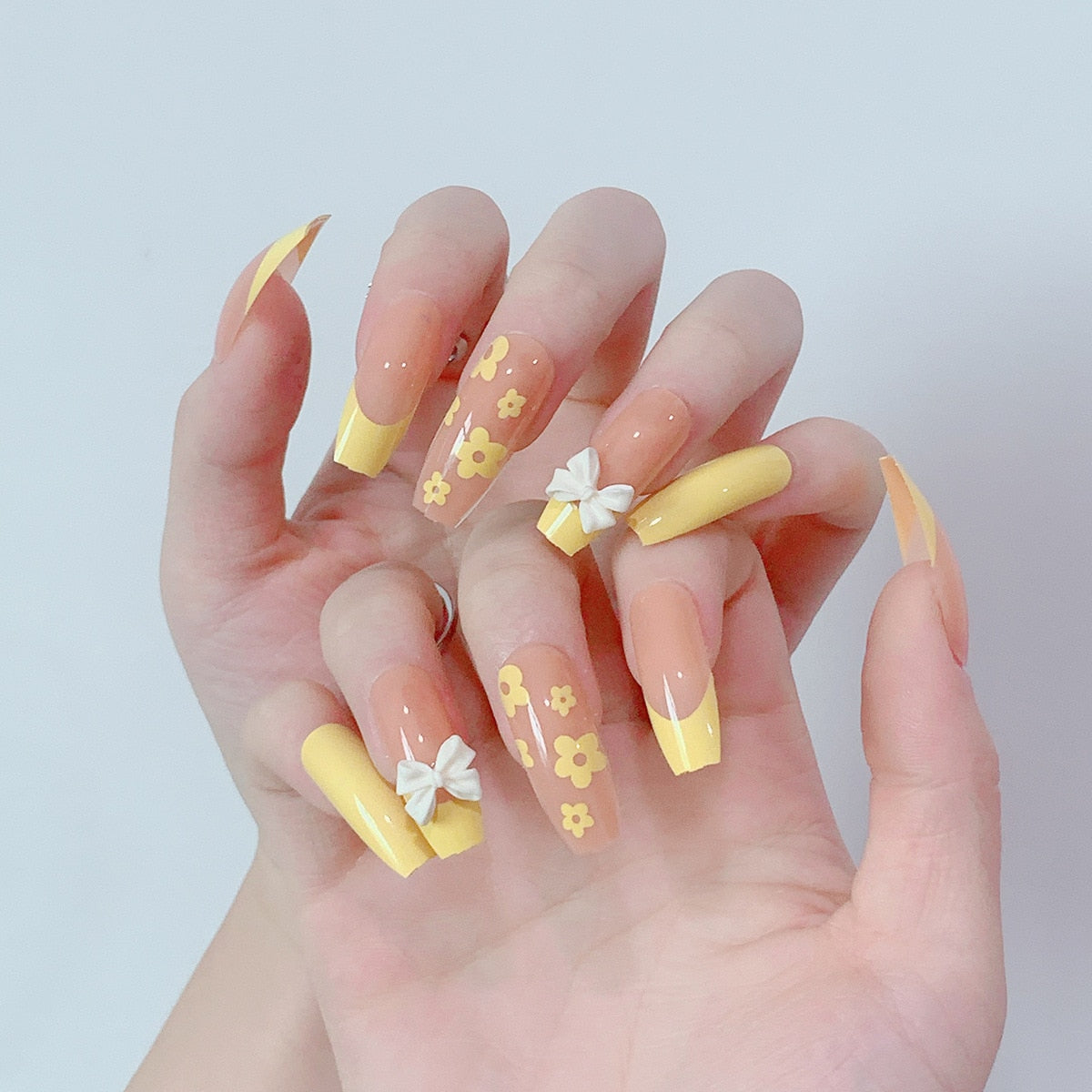 24 Pcs French Ballet Coffin UV Plastic Fake Nails Bow Love Leopard Press On Nail Tips Cartoon Flowers Nail Art Tools Manicure