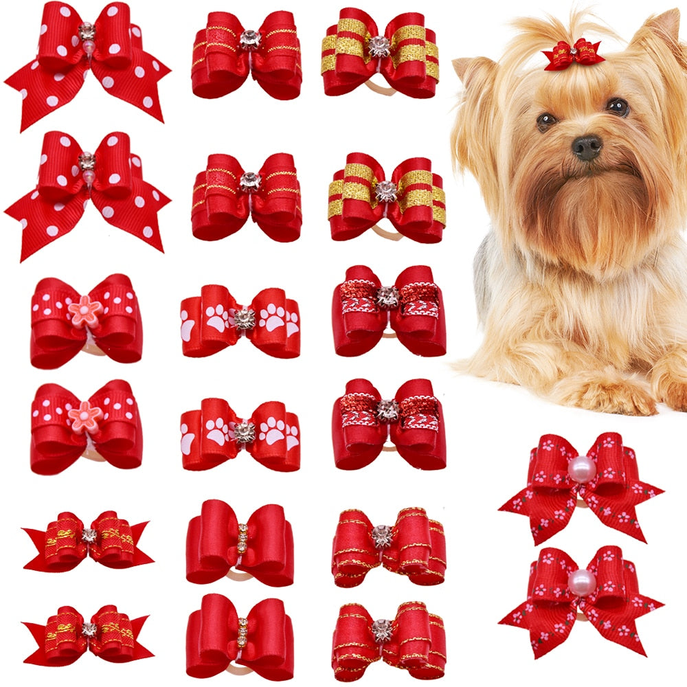 10 Pcs Handmade Pet Dog Cat Hair Bow Diamond Pearl Boutique Grooming Accessory
