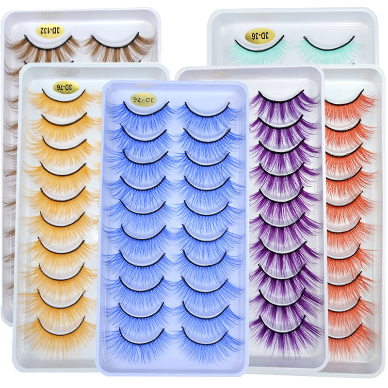 10Pairs/Lot Rainbow Colorful Mink False Eyelashes White Bulk Red Purple Blue Colors Fake Lashes for Dolls Cosplay
