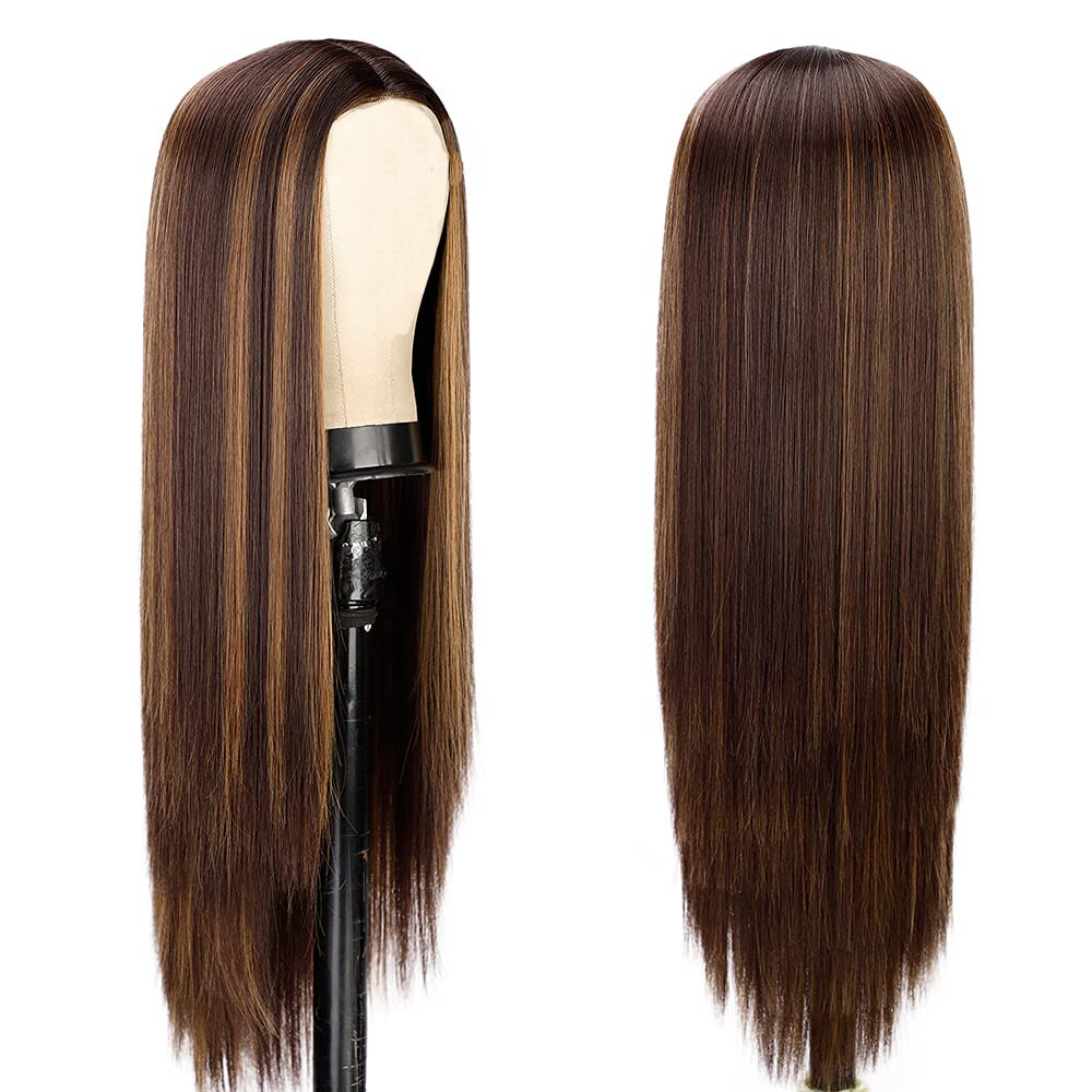 26 Inch Long Straight High Gloss Hair Gradient Color Synthetic Wig Golden Brown Ladies Wine Red Cosplay Wig