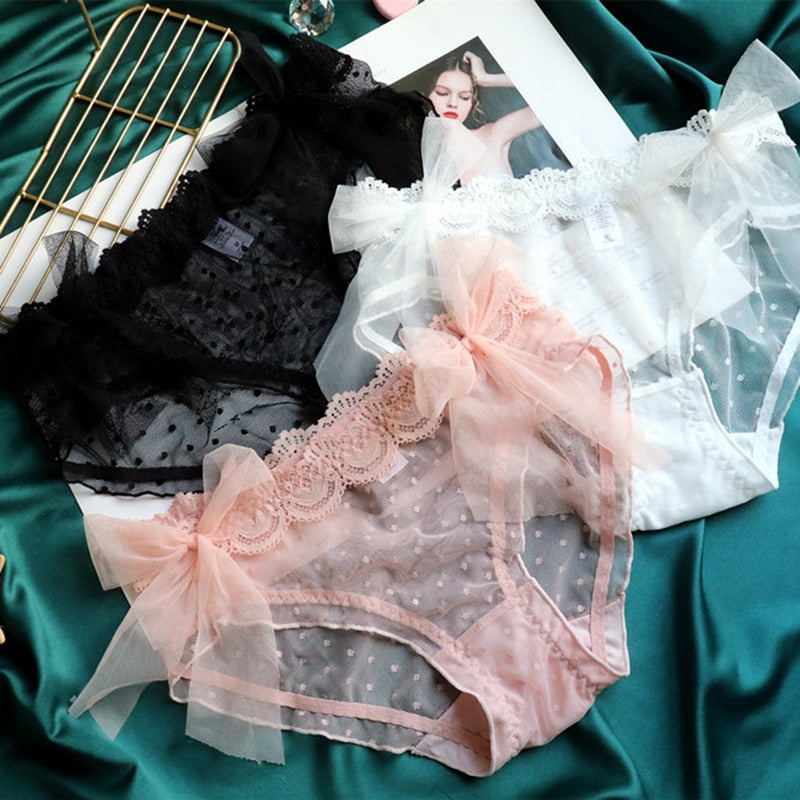 Women Sexy Lace Panties Hollow Panties Polka Dot Low Waist Butterfly Breathable Seamless Panties Cute Girly Briefs