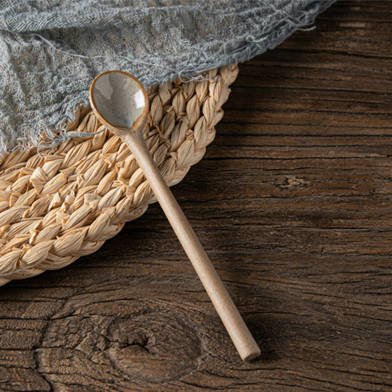 Retro Long Spoon Japanese Style Ceramic Long Handled Soup Spoon Kitchen Tableware Dessert Coffee Tea Scoop Cooking Mixing Stirr
