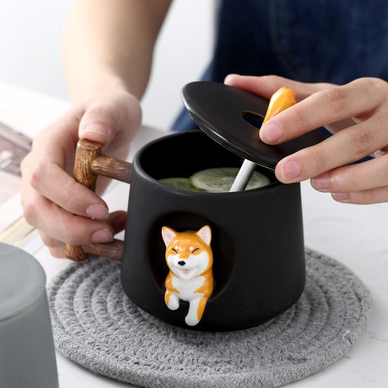 Cartoon ceramic cup creative mug with lid spoon Three-dimensional dog home drinking cup coffee milk juice breakfast cup