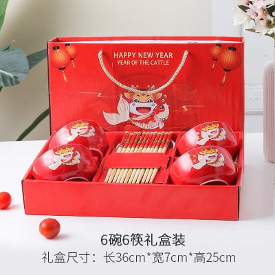 Ceramic Tableware Lucky Cat Set Blue and White Porcelain Bowl Gift Box