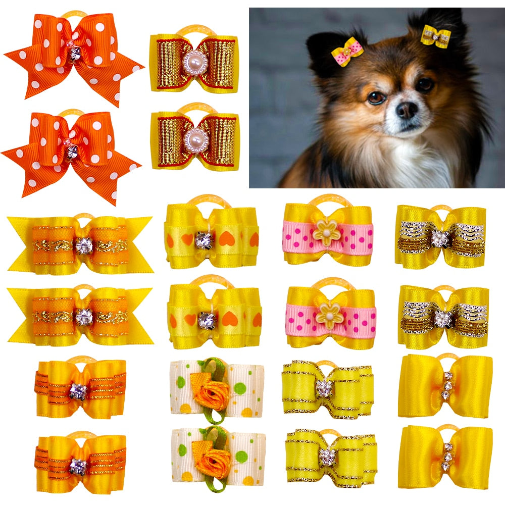 10 Pcs Handmade Pet Dog Cat Hair Bow Diamond Pearl Boutique Grooming Accessory