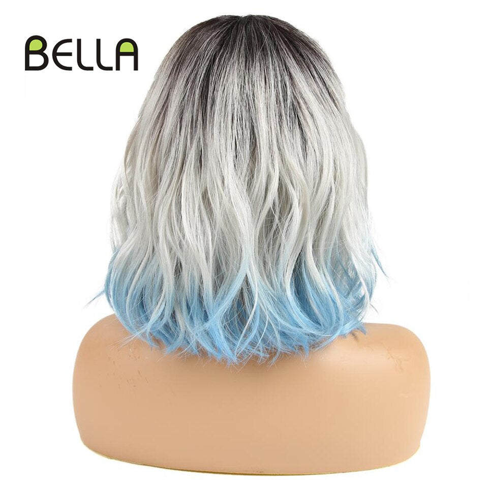 Bella Bob Wig Short Synthetic Wig 12 Inch Omber Blue Hair Curly Bob Wig Heat Resistant Wig With Bangs Cosplay Wig