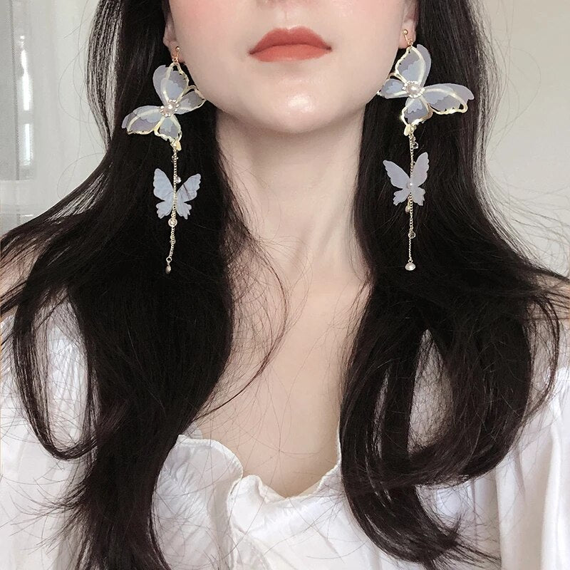 Long Tassel Transparent Yarn Blue Purple Butterfly Earring Drop Earring For Women Girl Party Hot Jewelry