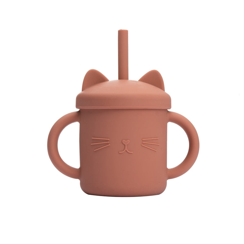 1PCS Baby Feeding Cups Silicone Drinkware Cute Cartoon Cat Sippy Cup For Toddlers Kids Sippy Cup Lids Solid With Handle Drinker