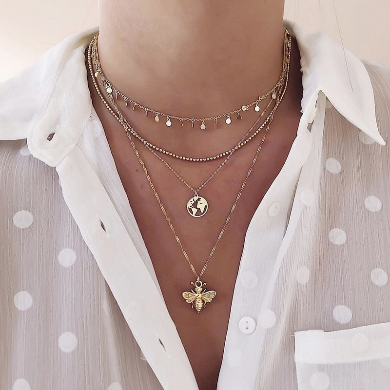 Vintage Multilayer Butterfly Pearl Necklace For Women Gold Color Sun Star Pearl Choker Necklaces Jewelry Gift