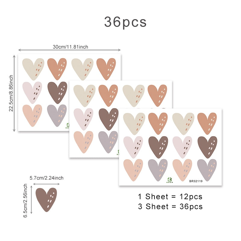 36pcs Heart Shape Boho Style Wall Stickers Bohemian Wall Decals for Living Room Bedroom Nursery Kids Room Home Decor