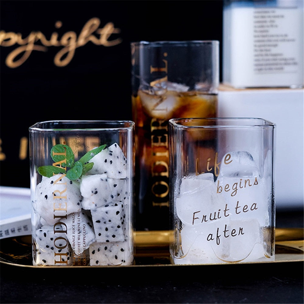 Creative Square Glass Mug Gold Letter Printing Breakfast Milk Coffee Cup Crystal Transparent Heat-resistant Home Drinkware