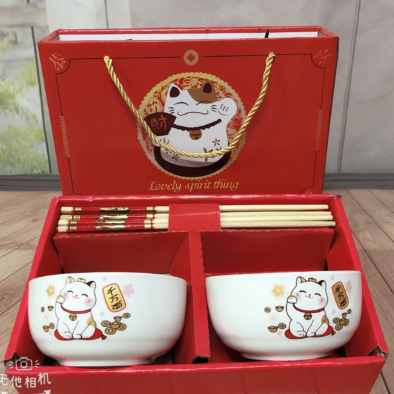 Ceramic Tableware Lucky Cat Set Blue and White Porcelain Bowl Gift Box