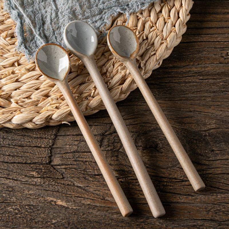 Retro Long Spoon Japanese Style Ceramic Long Handled Soup Spoon Kitchen Tableware Dessert Coffee Tea Scoop Cooking Mixing Stirr