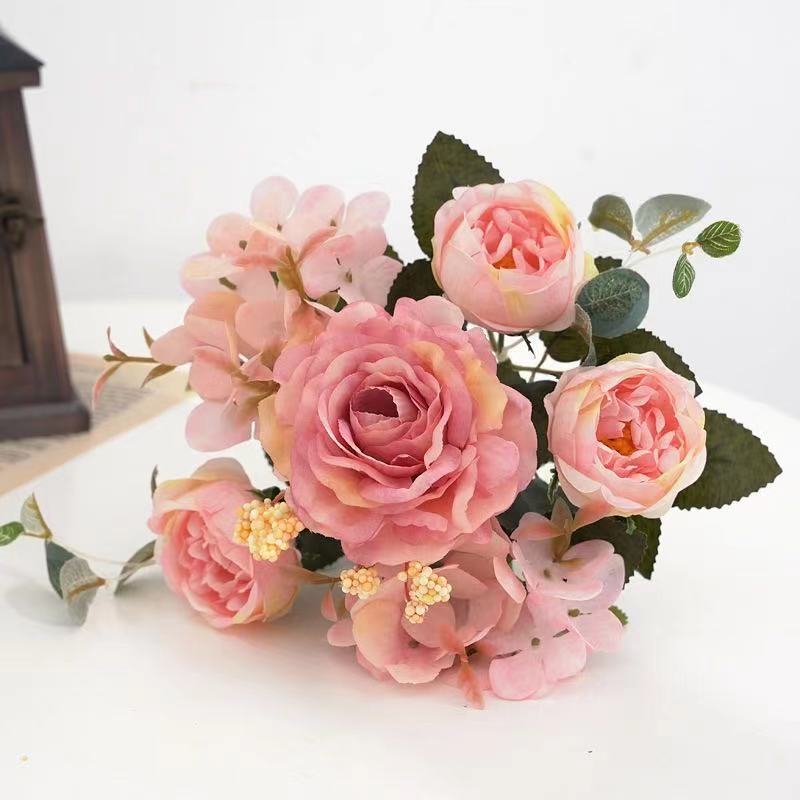 Artificial Flowers Retro Silk Rose Bouquet Hydrangea Peony Vintage Bride Holding Fake Flower Home Wedding Decoration