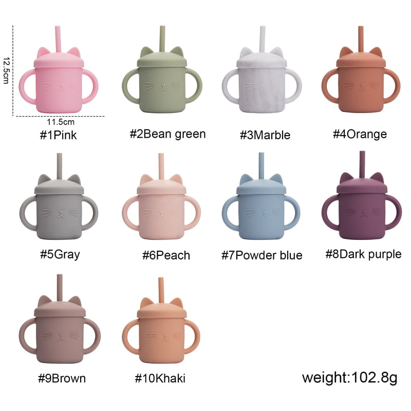 1PCS Baby Feeding Cups Silicone Drinkware Cute Cartoon Cat Sippy Cup For Toddlers Kids Sippy Cup Lids Solid With Handle Drinker
