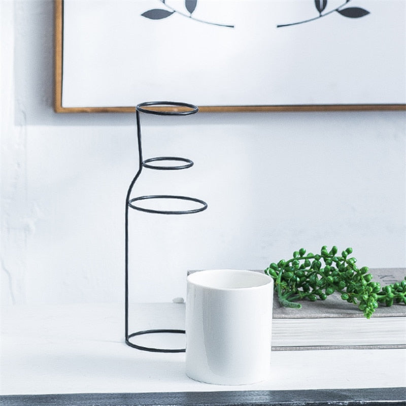 Nordic Minimalist Ceramic Flower Vase with Iron Holder Hydroponic Pot Modern Dried Flowers Container Planter Home Decoration
