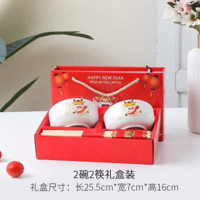 Ceramic Tableware Lucky Cat Set Blue and White Porcelain Bowl Gift Box