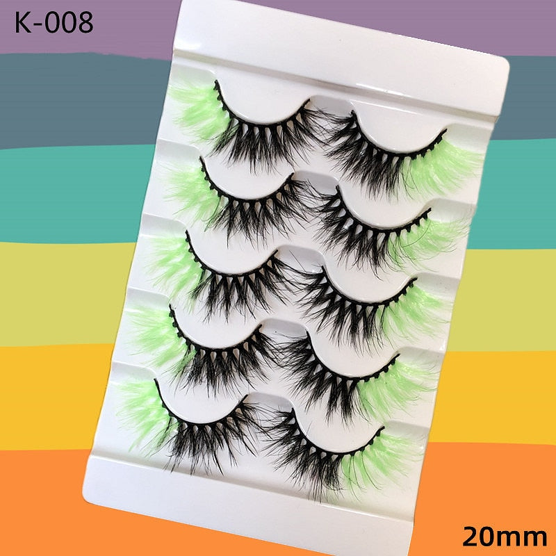 5 Pairs Red Green Yellow Pink Colored Eyelashes for Wholesale Colorful Faux Lashes in Bulk with butterfly and flowers ombre